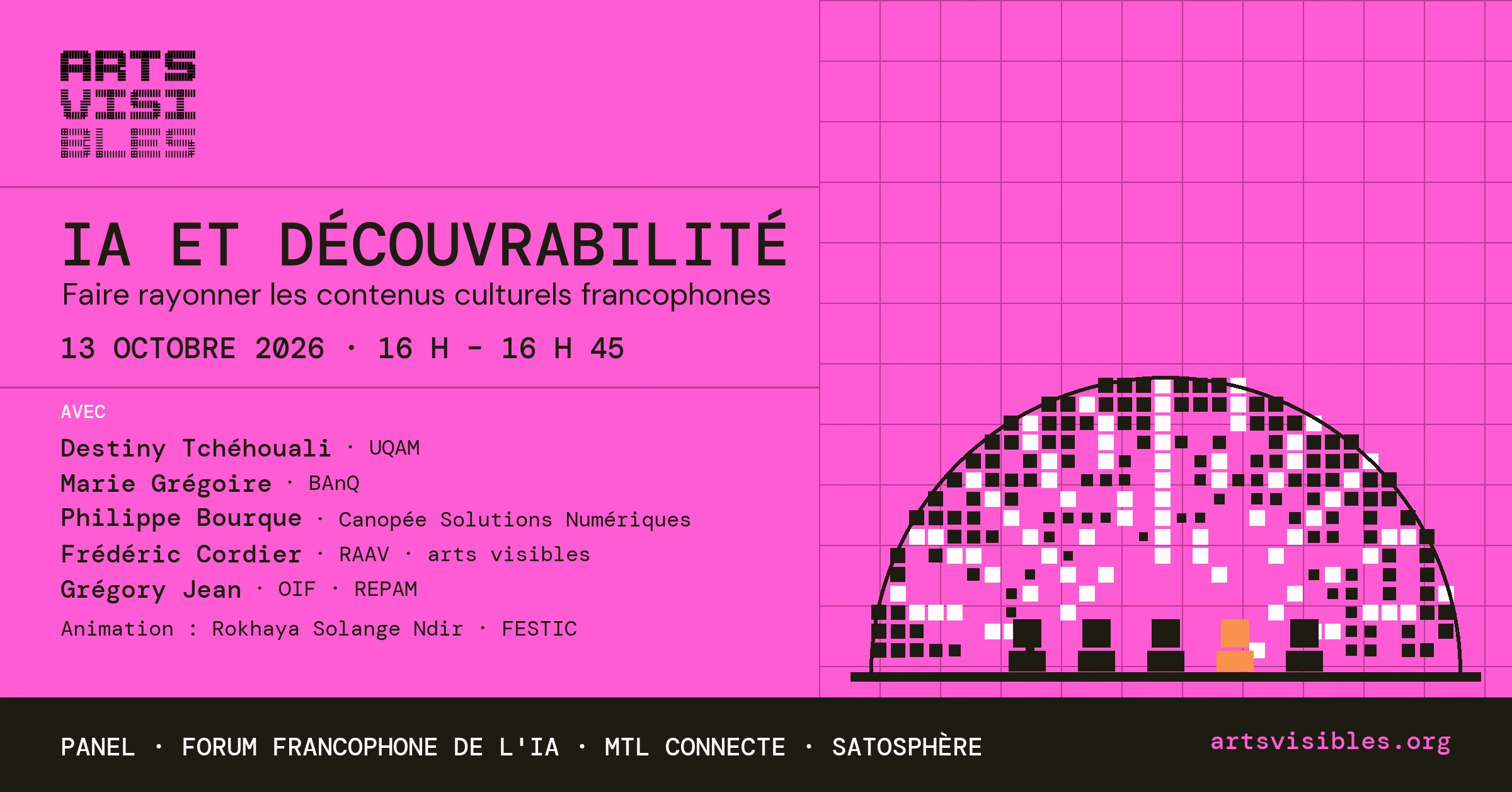 Affiche du panel « IA et découvrabilité », MTL connecte, 13 octobre 2026 : Destiny Tchéhouali, Marie Grégoire, Philippe Bourque, Frédéric Cordier, Grégory Jean.