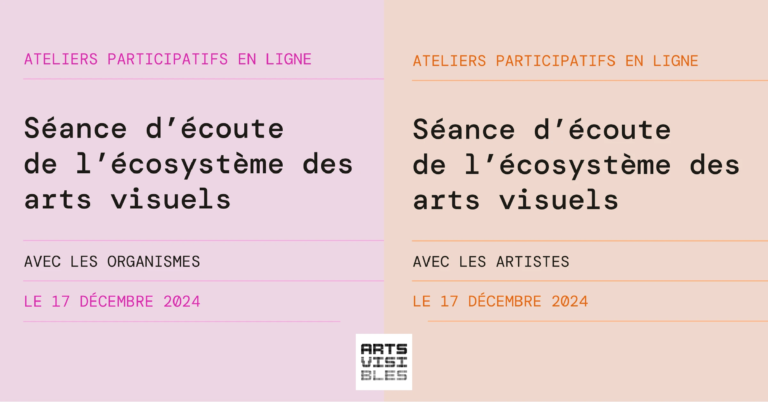 Visuels arts visibles des séances d'écoute de l'écosystème des arts visuels avec les organismes et avec les artistes, en ligne, le 17 décembre 2024.