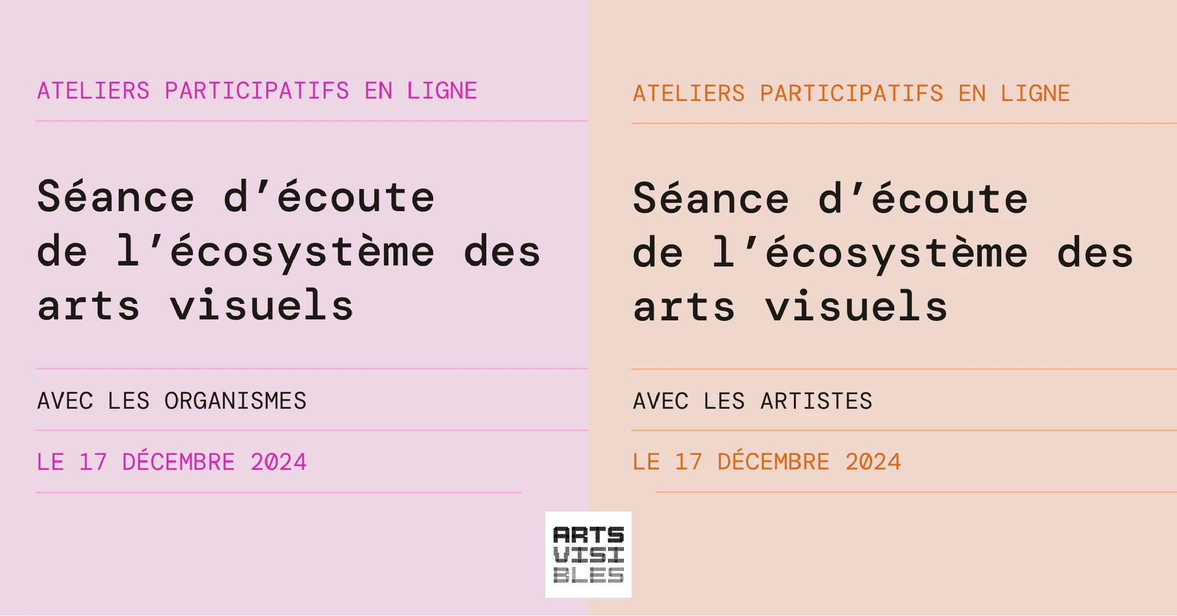 Visuels arts visibles des séances d'écoute de l'écosystème des arts visuels avec les organismes et avec les artistes, en ligne, le 17 décembre 2024.