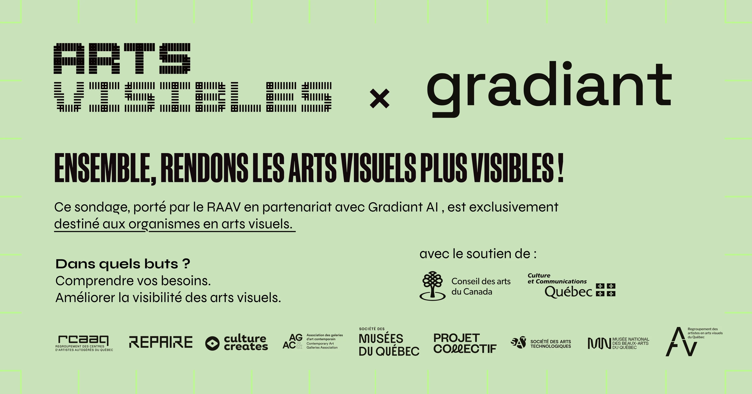 Visuel arts visibles × Gradiant : « Ensemble, rendons les arts visuels plus visibles ! » Sondage destiné aux organismes, soutenu par le CAC et le MCC.
